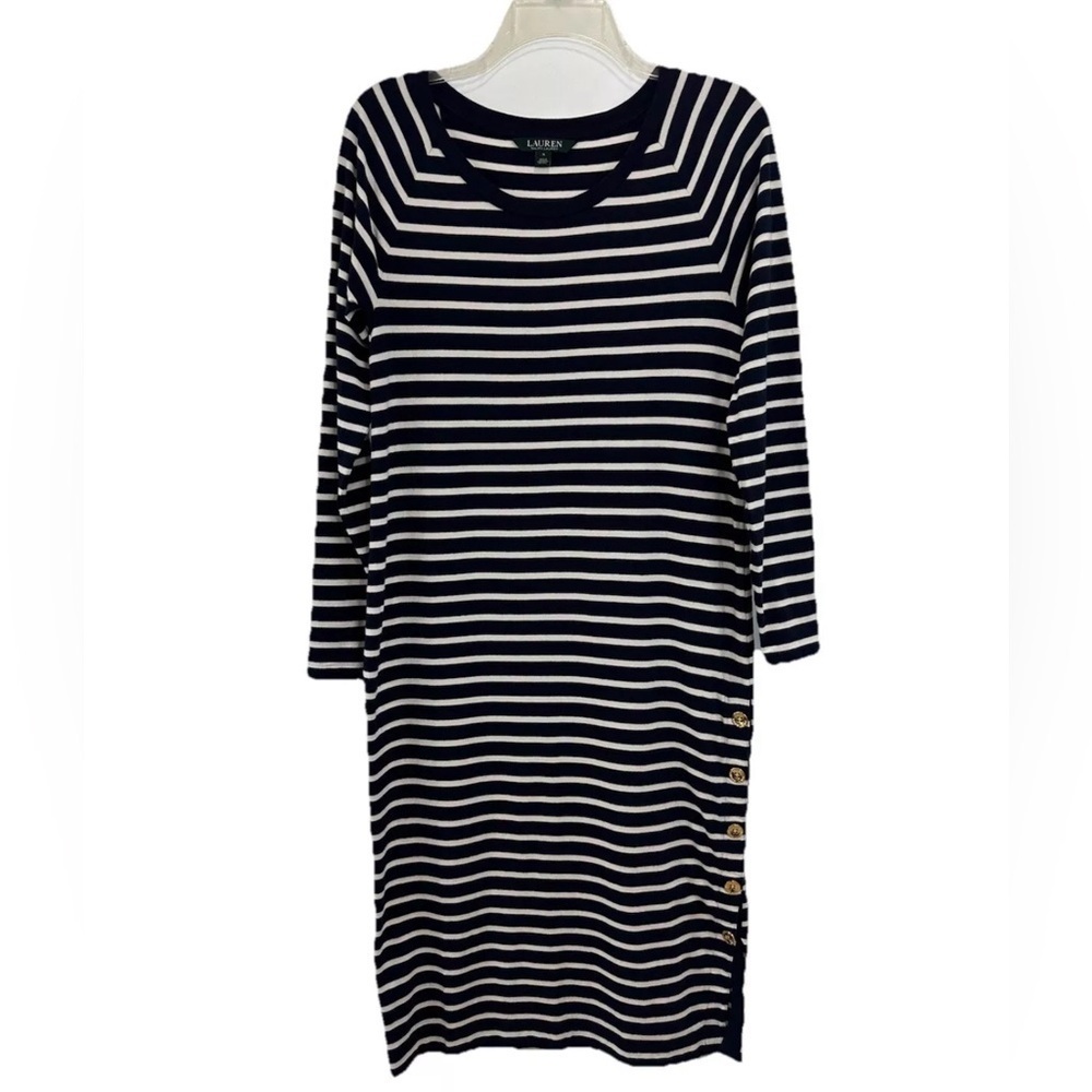 Ralph Lauren Midi Side Button Dress Size Small Long Sleeve White Navy Striped
